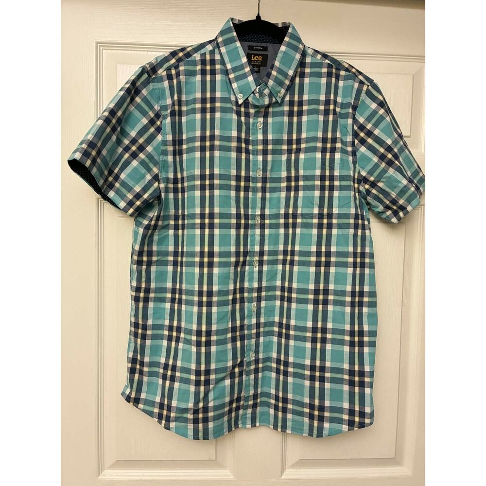 Lee Regular Fit Stretch Plaid Shirt Mens L Blue Green Button Downโ Short Sleeve